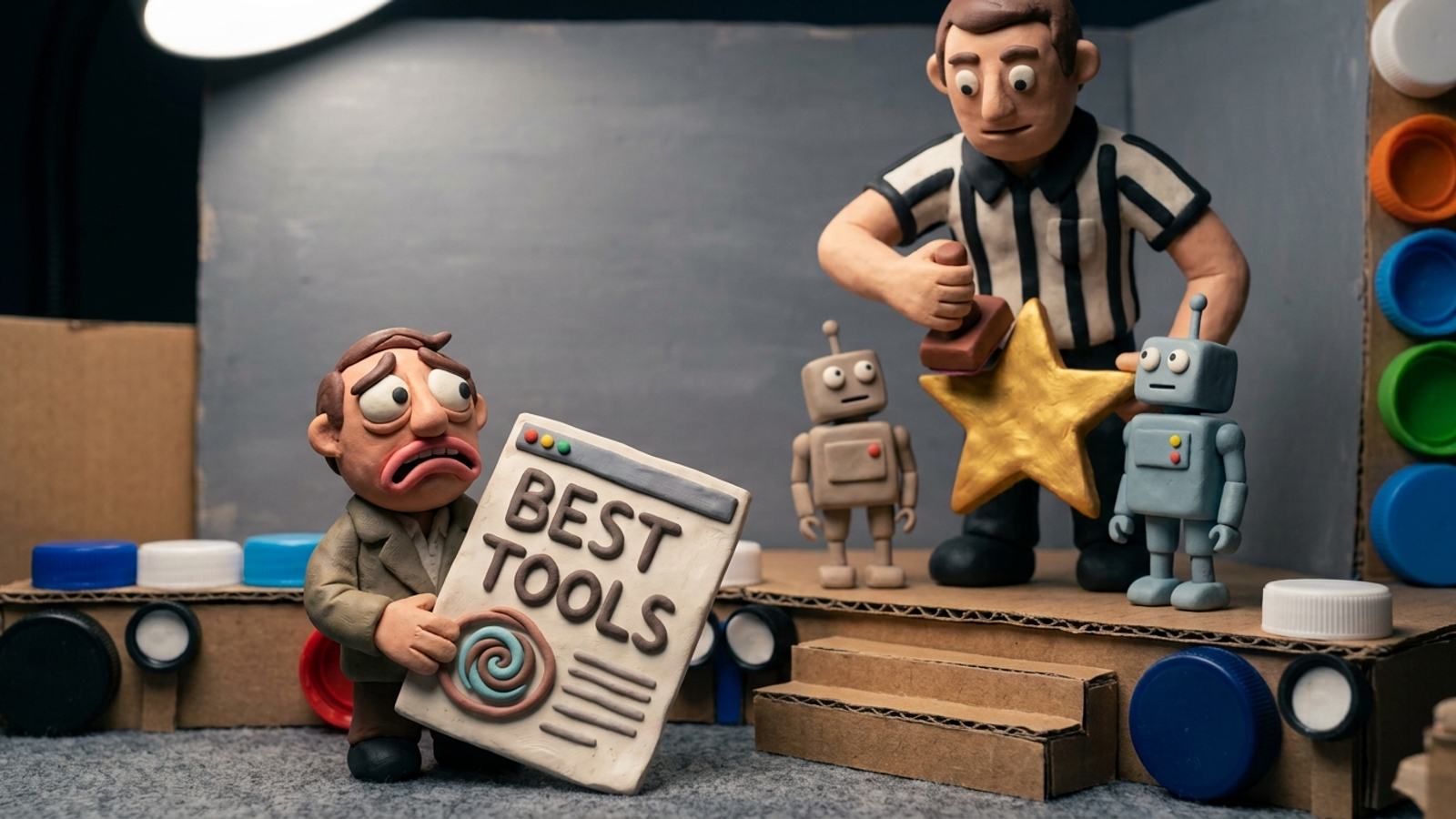 Claymation vendor shouting at a best-tools listicle that recommends competitors