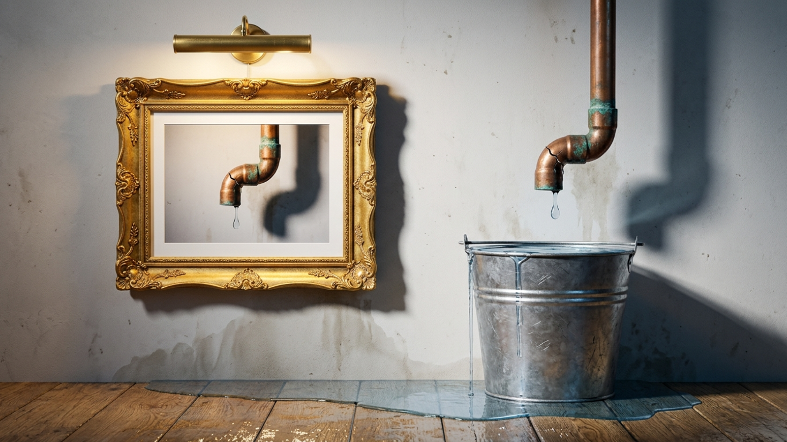 A gold-framed, gallery-lit photo of a leaking pipe hangs beside the real pipe, still dripping into an overflowing bucket: reporting is not fixing.