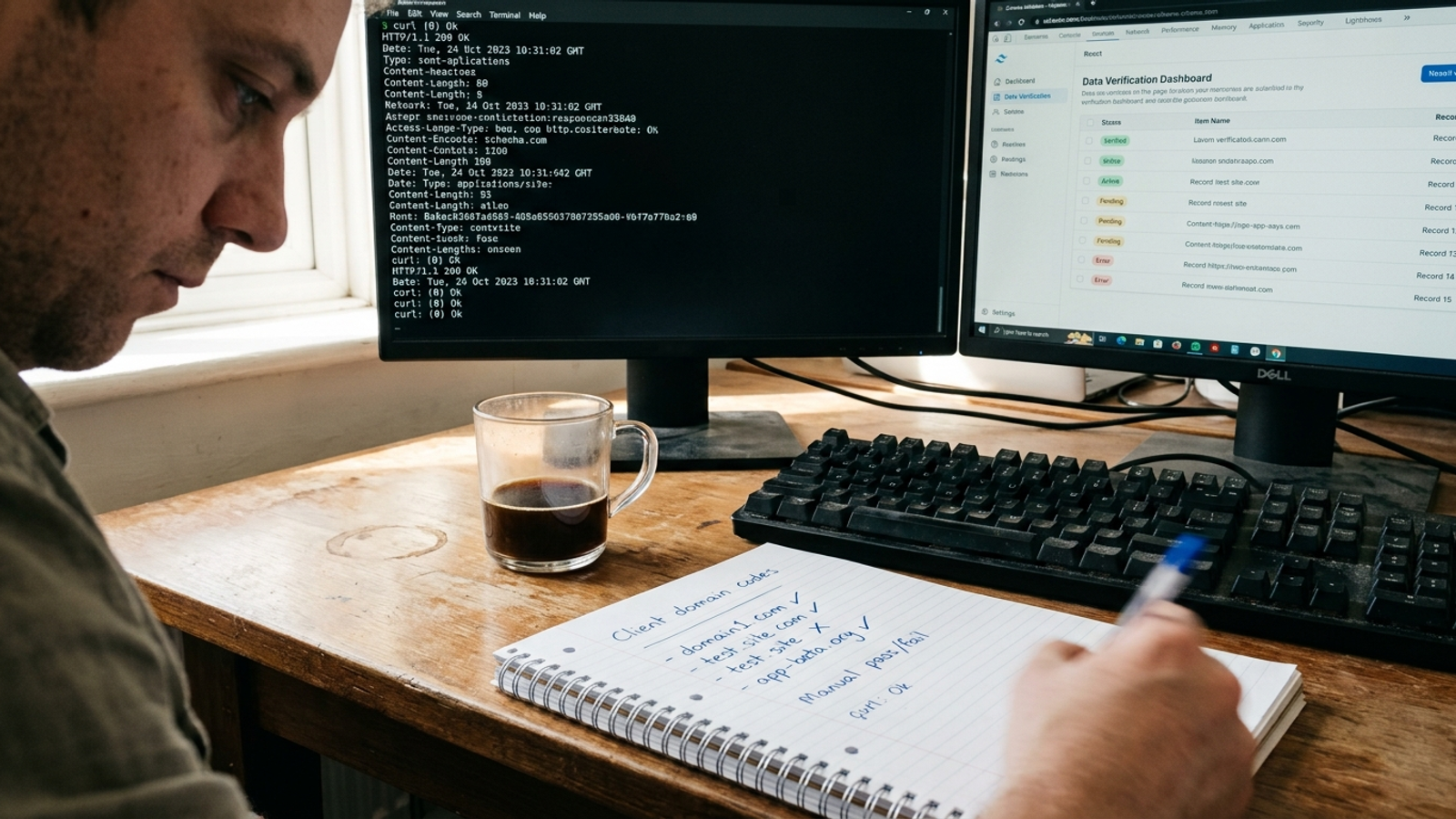 An operations desk set up to inspect response logs, schema validation, and pilot notes.