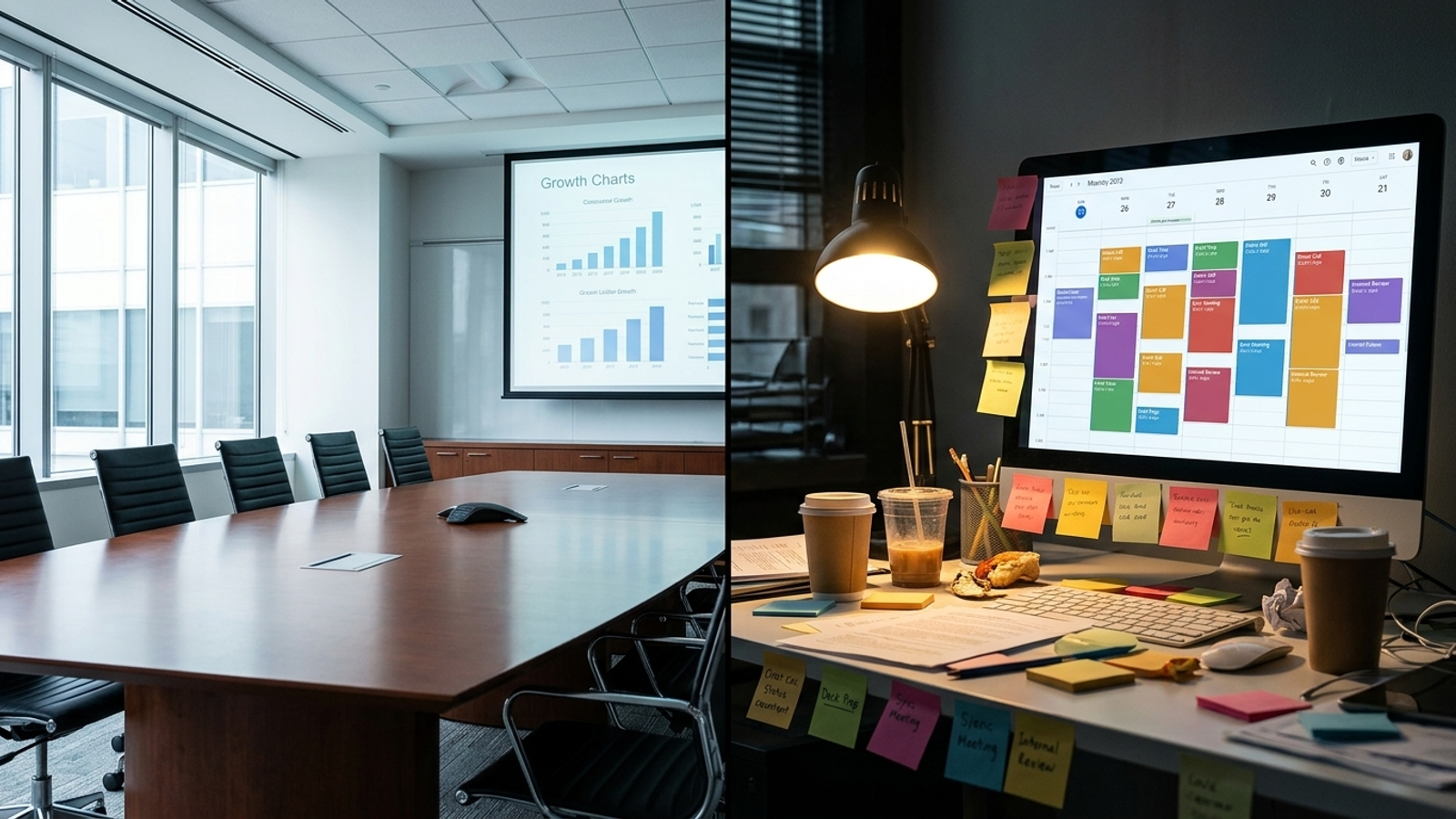 An empty agency boardroom beside a crowded calendar on an account manager’s monitor.