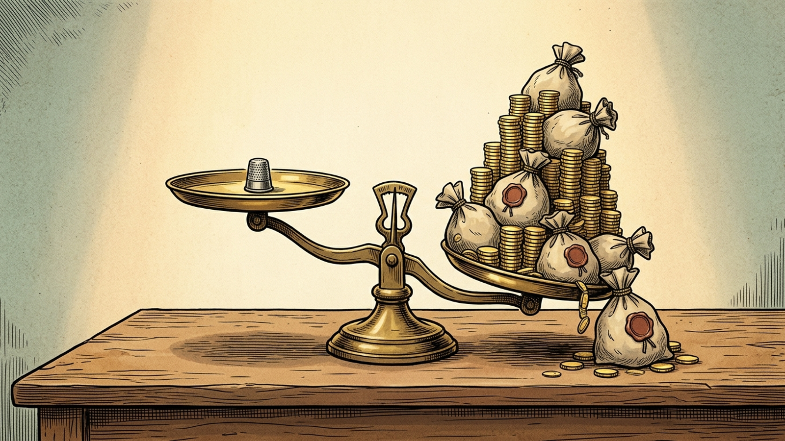 An antique balance scale holds a thimble on one side and a mountain of coins on the other.