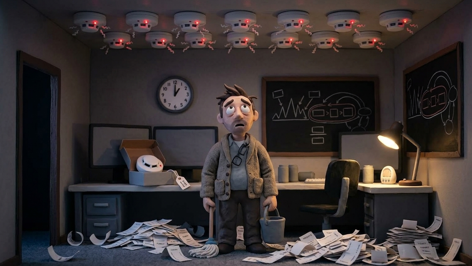 Clay figure at 1am stands under twelve blaring smoke alarms holding a mop, tickets piling at his feet: alerts are cheap, the fixing is the real work.