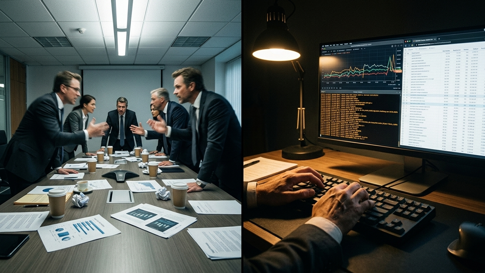 Split-screen view of a crowded agency meeting and a media buyer studying auction data.